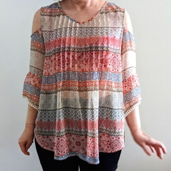 5/$25! One World Boho Sheer Open Shoulder Top - Picture 10 of 10
